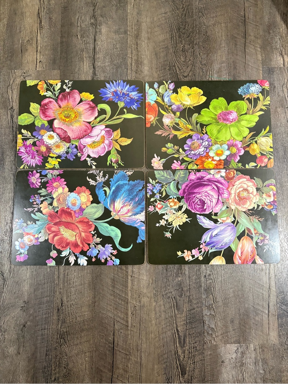 Mackenzie Childs Black Flower Market Cork Placemats - Set of 4